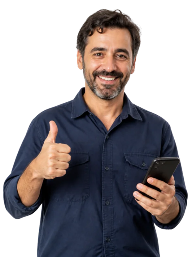 Hombre contento haciendo el gesto de aprobación con su celular